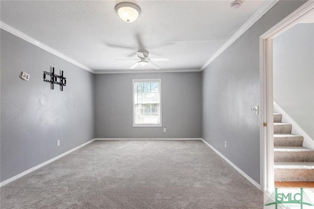 carpeted spare room featuring ceiling fan and ornamental molding