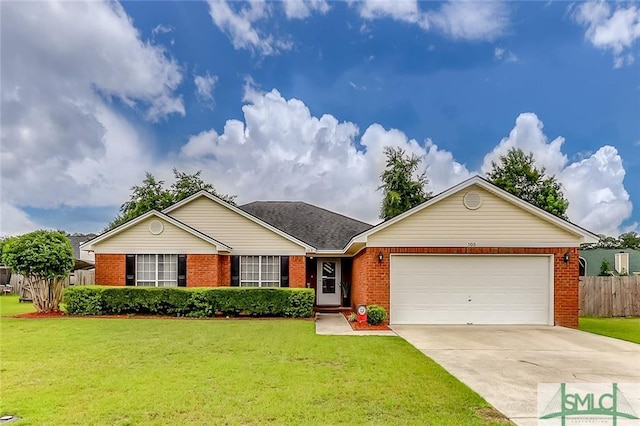 ranch-style house with a front yard and a garage