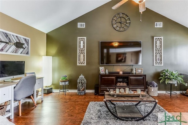 living room featuring lofted ceiling, ceiling fan, and dark wood-type flooring