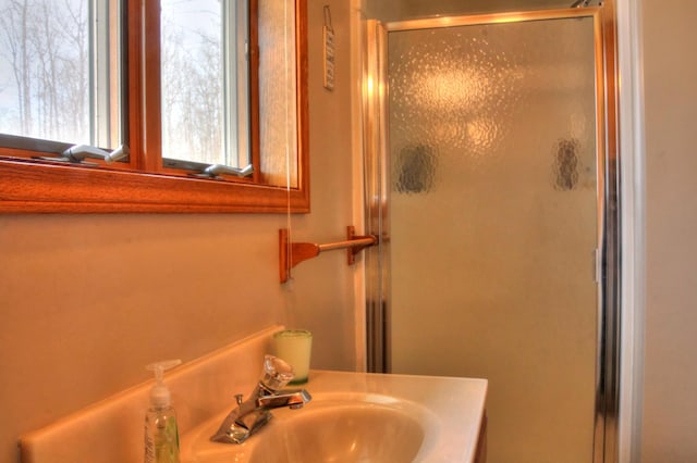 bathroom featuring an enclosed shower and sink