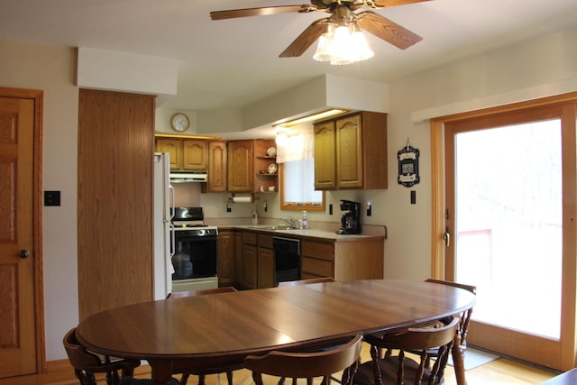 kitchen with ceiling fan, extractor fan, white appliances, and a wealth of natural light