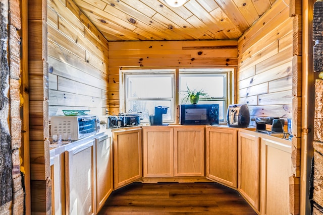 kitchen featuring wood walls, dark hardwood / wood-style floors, light brown cabinets, and wooden ceiling