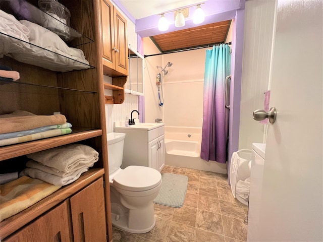 full bathroom with shower / bathtub combination with curtain, tile flooring, toilet, and vanity