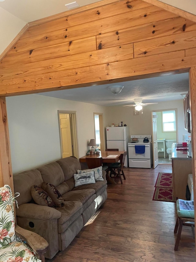 living room featuring dark hardwood / wood-style floors and ceiling fan