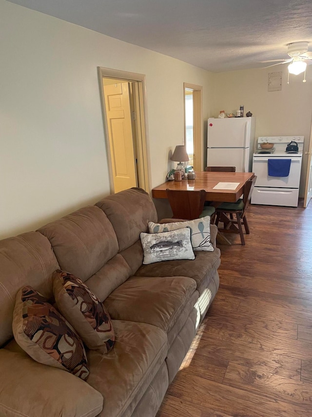 living room featuring ceiling fan and dark wood-type flooring