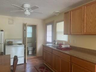 kitchen featuring ceiling fan, sink, washer / clothes dryer, and dark wood-type flooring