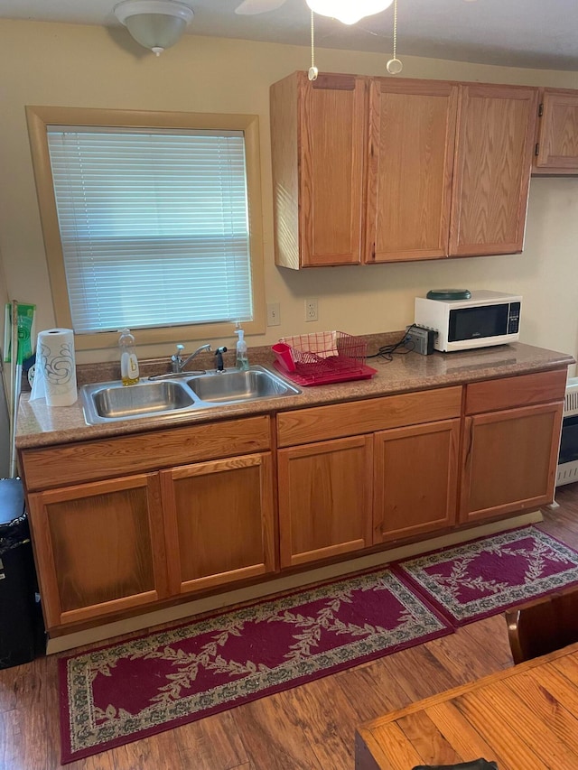 kitchen featuring dark hardwood / wood-style flooring, ceiling fan, and sink