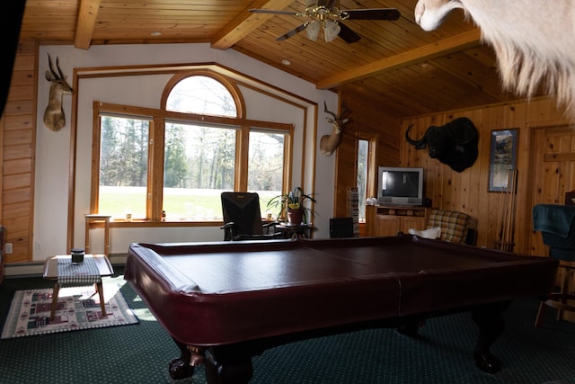 game room featuring billiards, vaulted ceiling with beams, wooden walls, ceiling fan, and wood ceiling