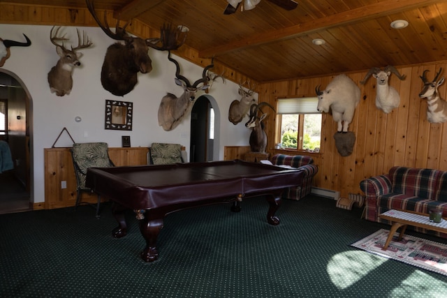 recreation room with pool table, ceiling fan, a baseboard heating unit, and beamed ceiling