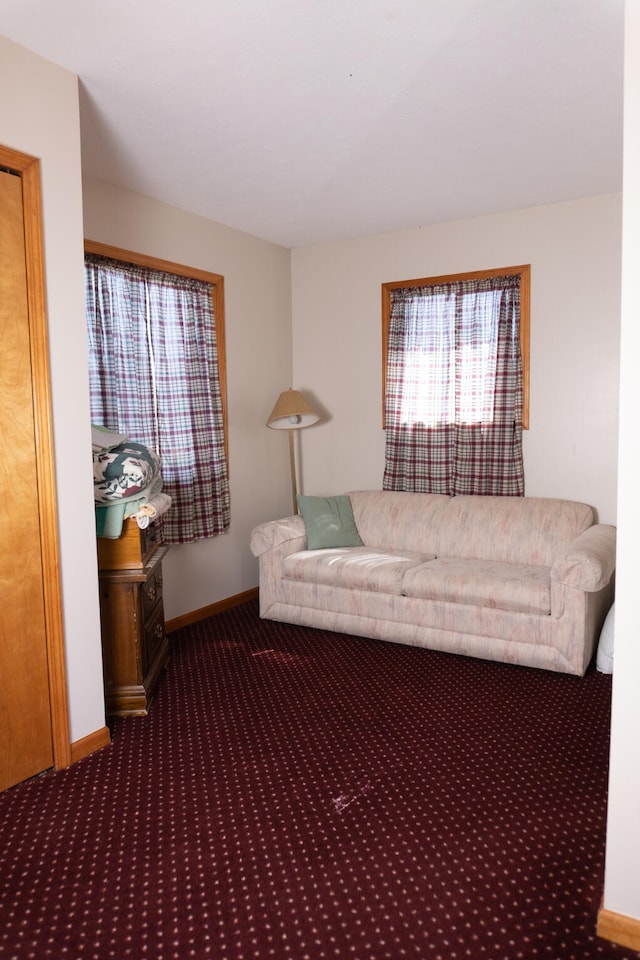 living room featuring dark carpet