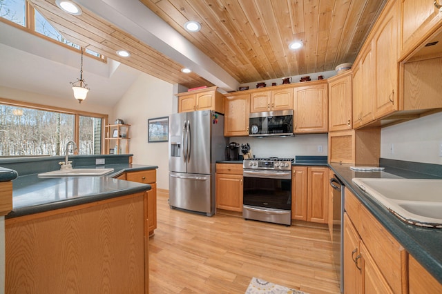 kitchen with decorative light fixtures, sink, light hardwood / wood-style flooring, stainless steel appliances, and wooden ceiling