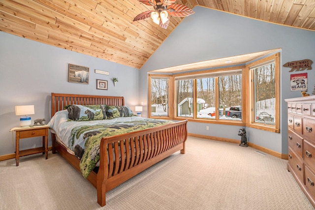 bedroom featuring ceiling fan, light colored carpet, high vaulted ceiling, and wooden ceiling