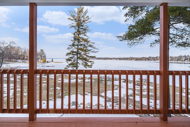 view of snow covered deck