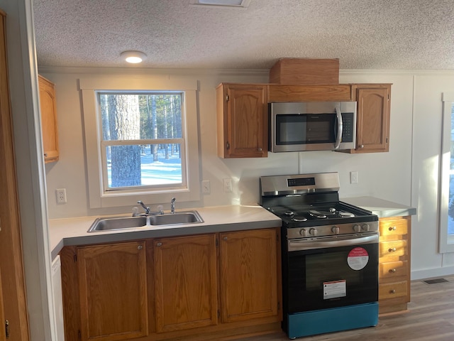 kitchen with hardwood / wood-style floors, sink, stainless steel appliances, and a textured ceiling