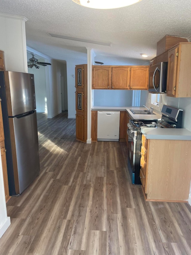 kitchen with appliances with stainless steel finishes, ceiling fan, dark hardwood / wood-style floors, and sink