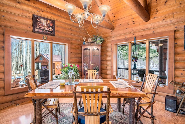 dining area with light hardwood / wood-style flooring, beam ceiling, wooden ceiling, and log walls