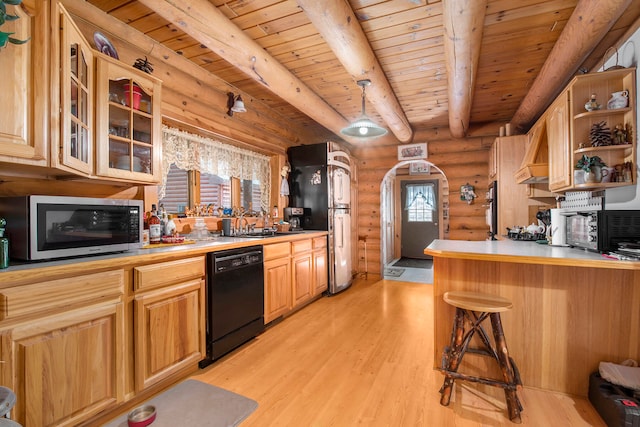 kitchen featuring black dishwasher, light wood-type flooring, log walls, decorative light fixtures, and beam ceiling