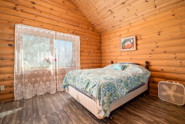 bedroom with dark wood-type flooring, wood ceiling, vaulted ceiling, and rustic walls