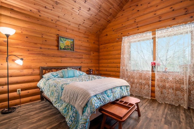 bedroom featuring wood ceiling, vaulted ceiling, and dark hardwood / wood-style flooring