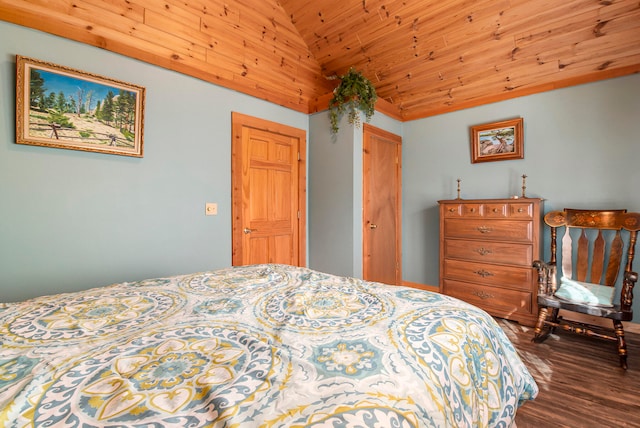 bedroom with lofted ceiling, dark wood-type flooring, and wooden ceiling