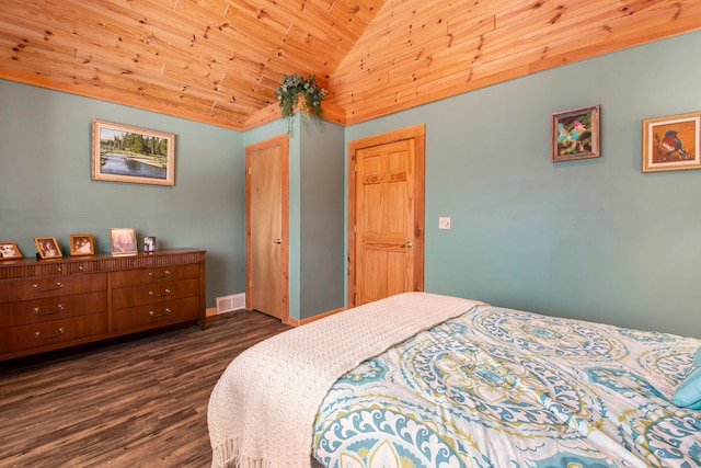 bedroom featuring dark wood-type flooring, vaulted ceiling, and wood ceiling