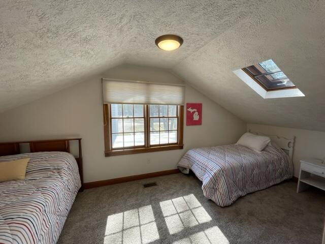 bedroom featuring a textured ceiling, dark colored carpet, and lofted ceiling with skylight