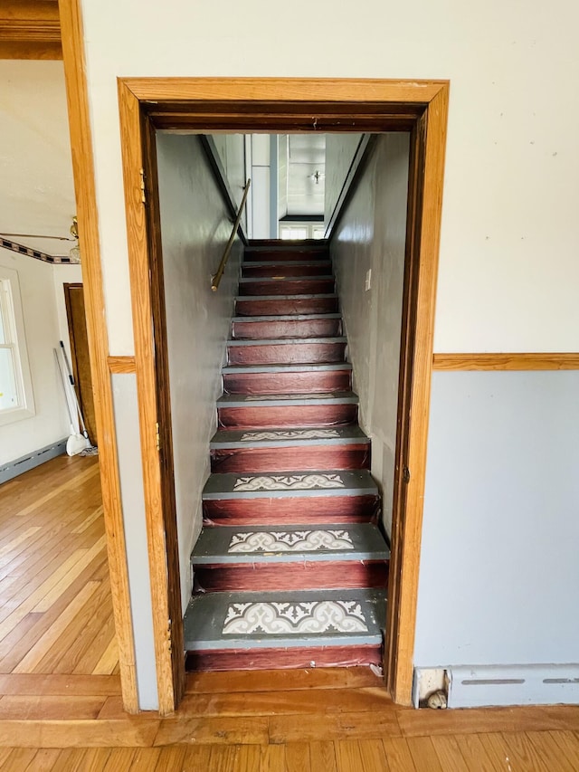 staircase featuring hardwood / wood-style floors