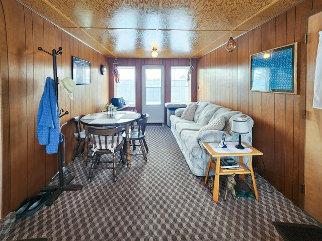 living room with wood walls and carpet floors