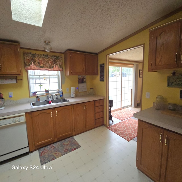 kitchen featuring lofted ceiling with skylight, plenty of natural light, white dishwasher, and sink