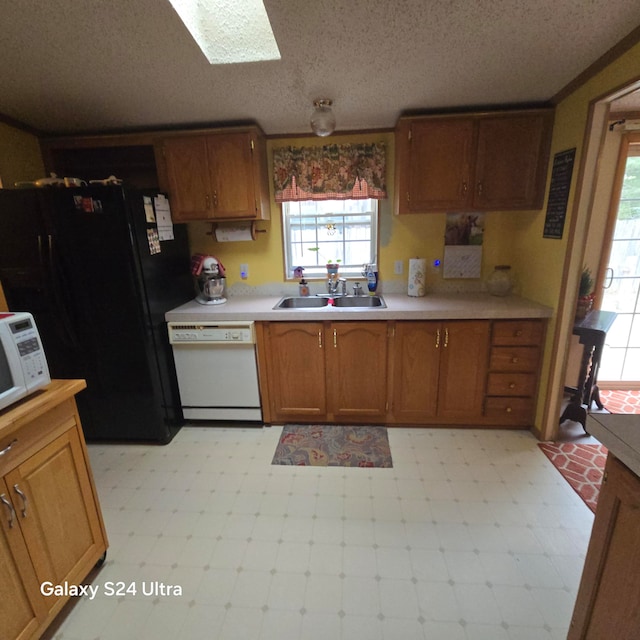 kitchen featuring a healthy amount of sunlight, a skylight, white appliances, and sink