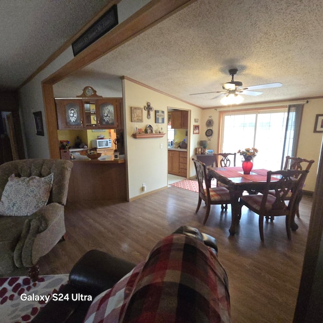 dining room featuring ceiling fan, a textured ceiling, and dark wood-type flooring