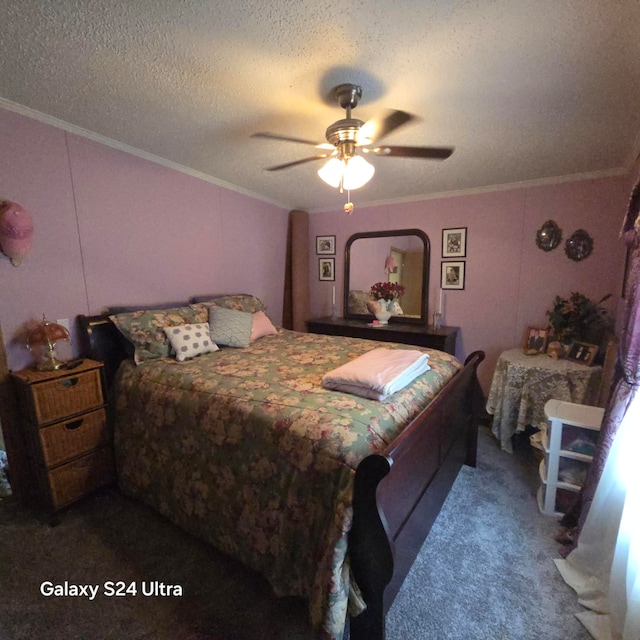 carpeted bedroom featuring ornamental molding, a textured ceiling, and ceiling fan