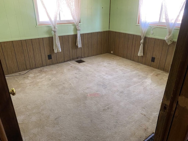 unfurnished room featuring wooden walls and carpet flooring