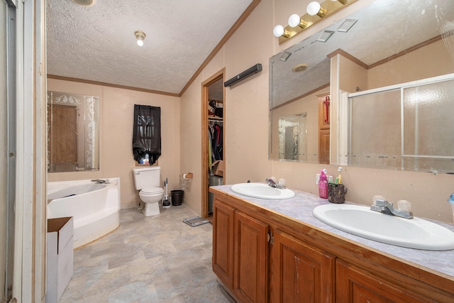 full bathroom featuring vaulted ceiling, oversized vanity, toilet, double sink, and a textured ceiling