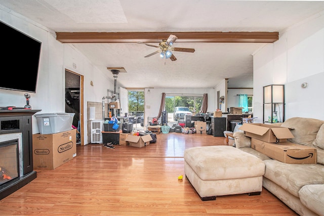 living room with beam ceiling, a textured ceiling, ceiling fan, and light hardwood / wood-style flooring