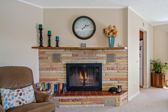 carpeted living room with a textured ceiling, a fireplace, and crown molding