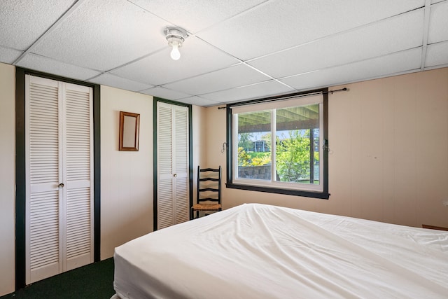 bedroom with multiple closets and a paneled ceiling