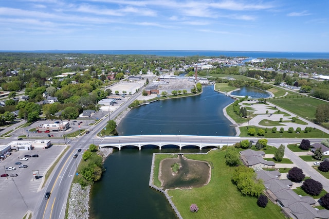 drone / aerial view with a water view