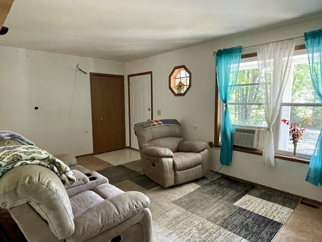 living room featuring cooling unit and carpet