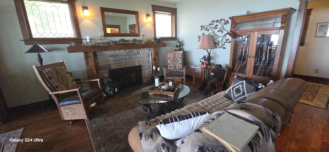 living room with a fireplace and dark hardwood / wood-style floors