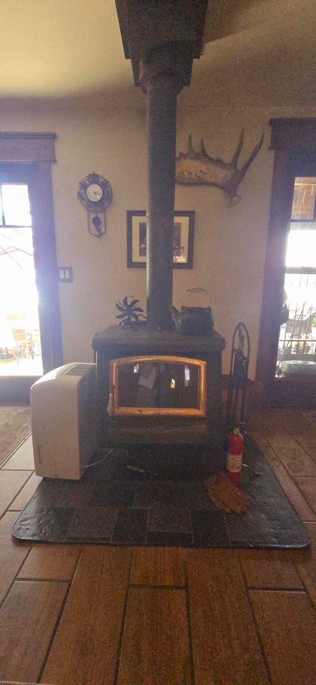 room details featuring a wood stove