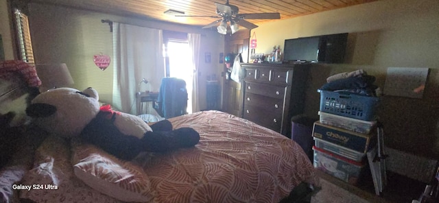 bedroom with wood ceiling and ceiling fan