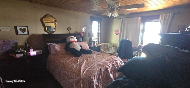 bedroom featuring wood ceiling and ceiling fan