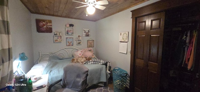 bedroom featuring ceiling fan and wooden ceiling