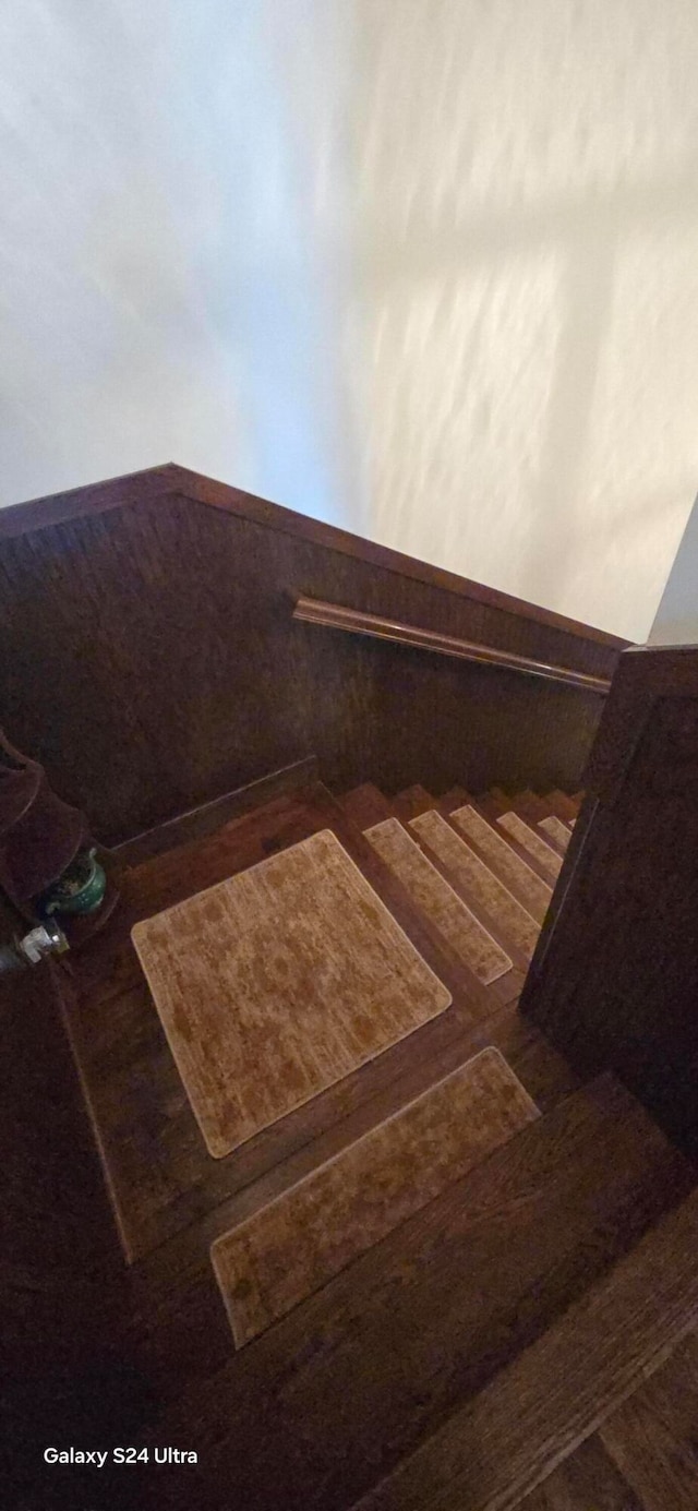 staircase with hardwood / wood-style floors