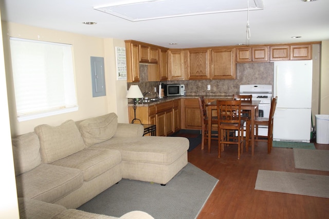 living room featuring dark hardwood / wood-style flooring, sink, and electric panel