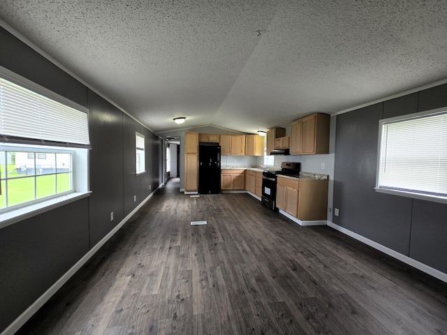 kitchen with a textured ceiling, ventilation hood, dark wood-type flooring, black appliances, and lofted ceiling