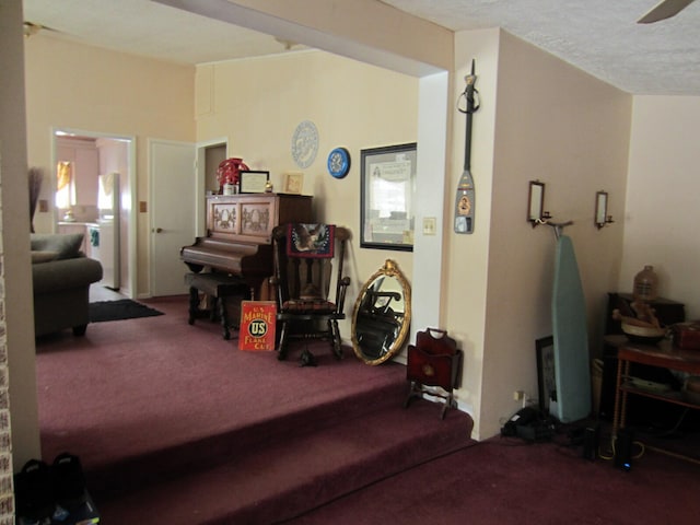 misc room featuring a textured ceiling, carpet, and ceiling fan