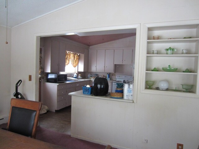 kitchen featuring vaulted ceiling, hardwood / wood-style flooring, built in shelves, white electric range oven, and sink