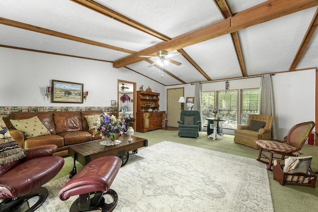 living room featuring ceiling fan, carpet floors, lofted ceiling with beams, and a textured ceiling